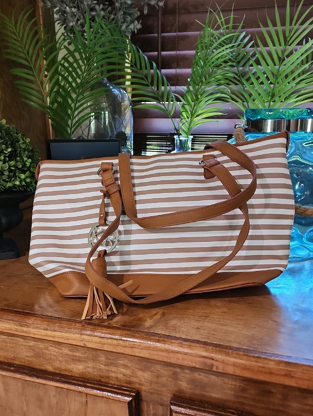Striped Canvas Tote Bag with Tan Trim